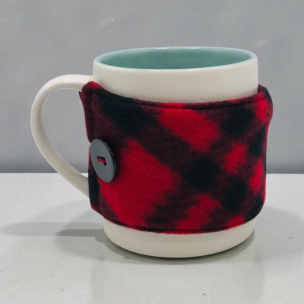 Handmade Mug Cozy, Plaid Fleece Red Black, Hot Beverage Cozy, Stocking Stuffer